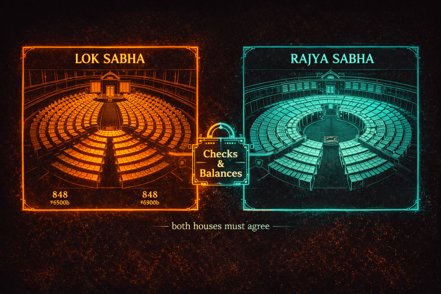 diagram of proposed bicameral reform showing an expanded Lok Sabha alongside an equal-representation Rajya Sabha