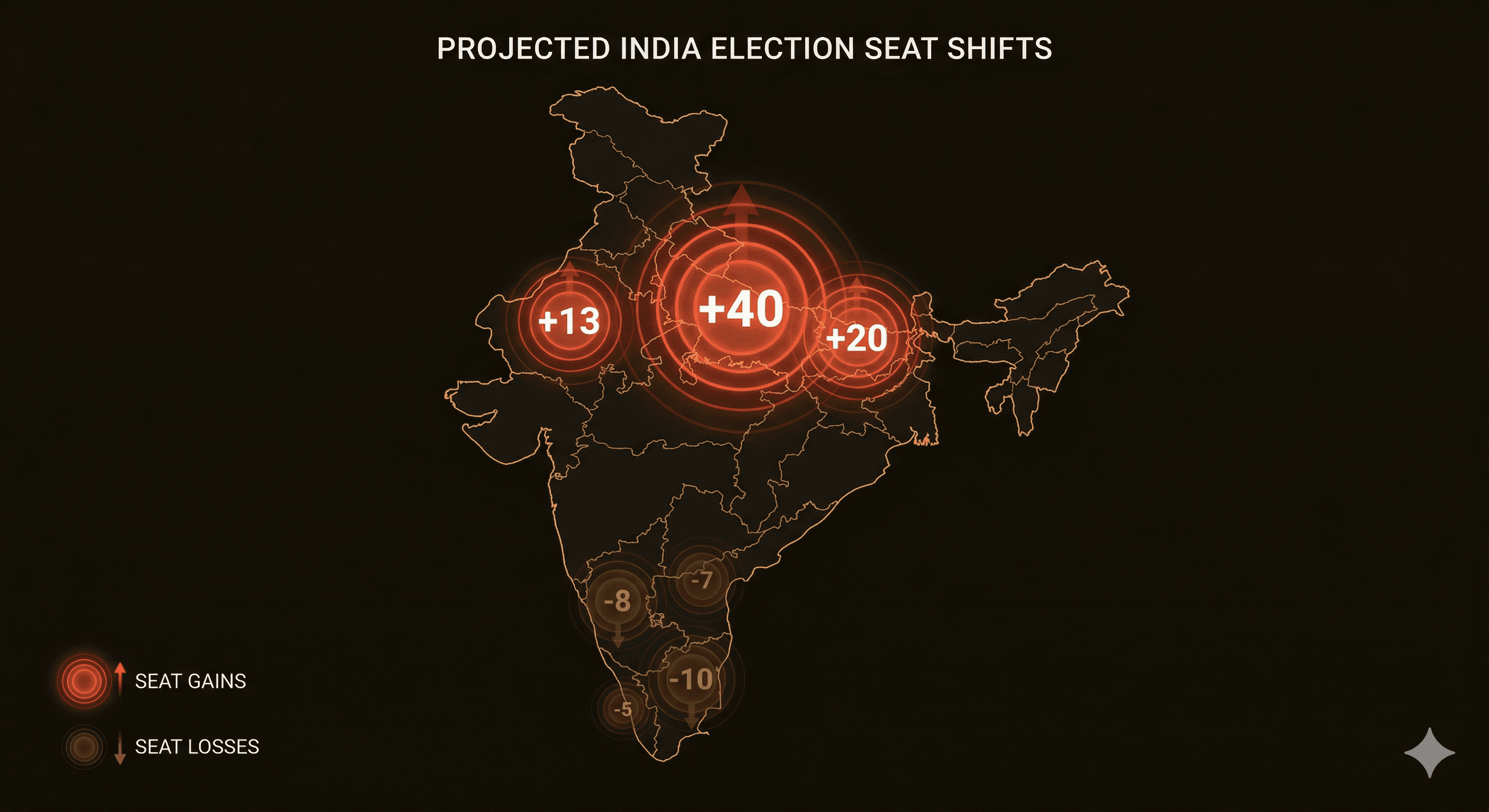 India map with states colored by seats gained vs seats lost under delimitation