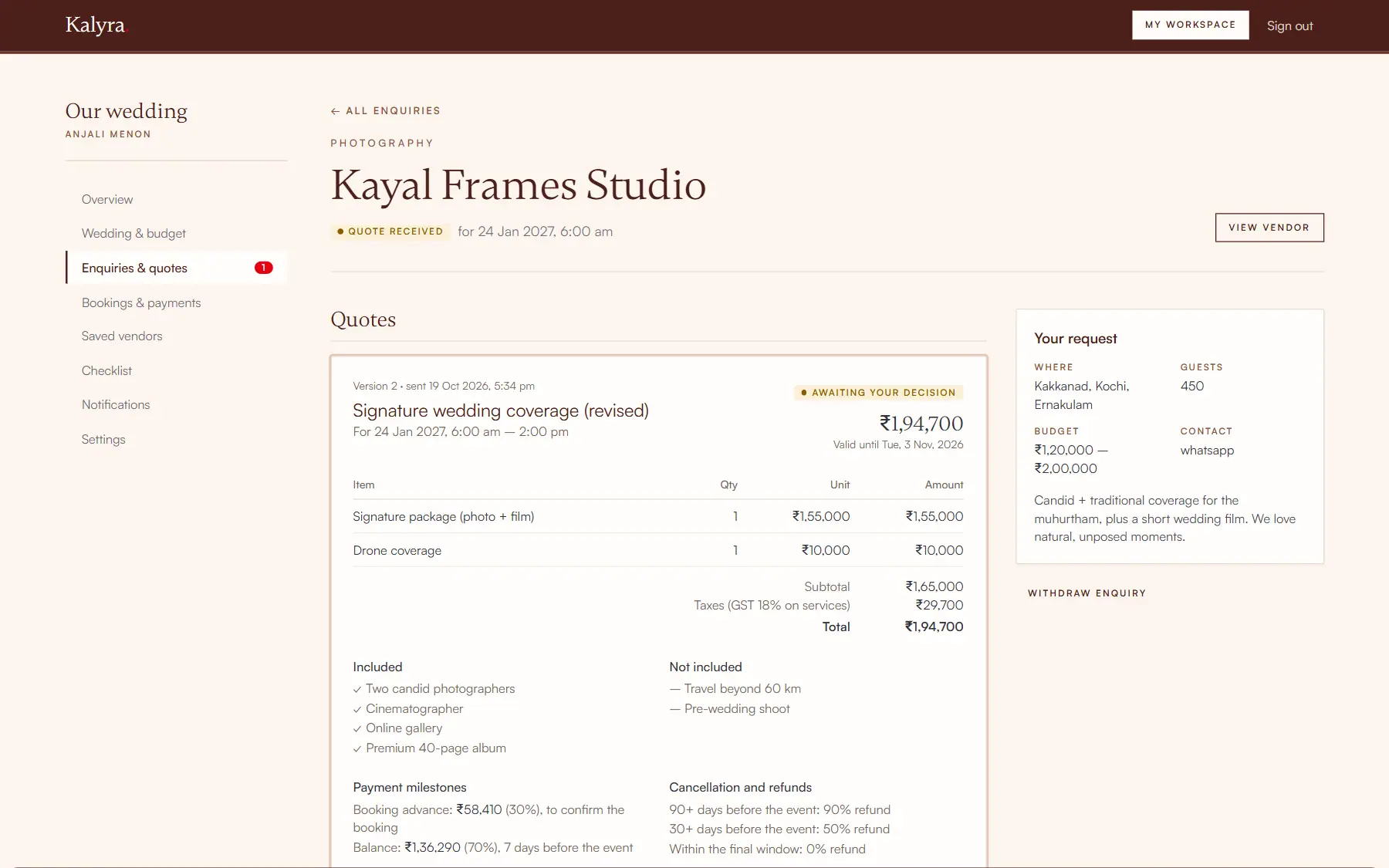 A structured quote from Kayal Frames Studio showing line items, GST, total, inclusions, payment milestones and cancellation refund tiers