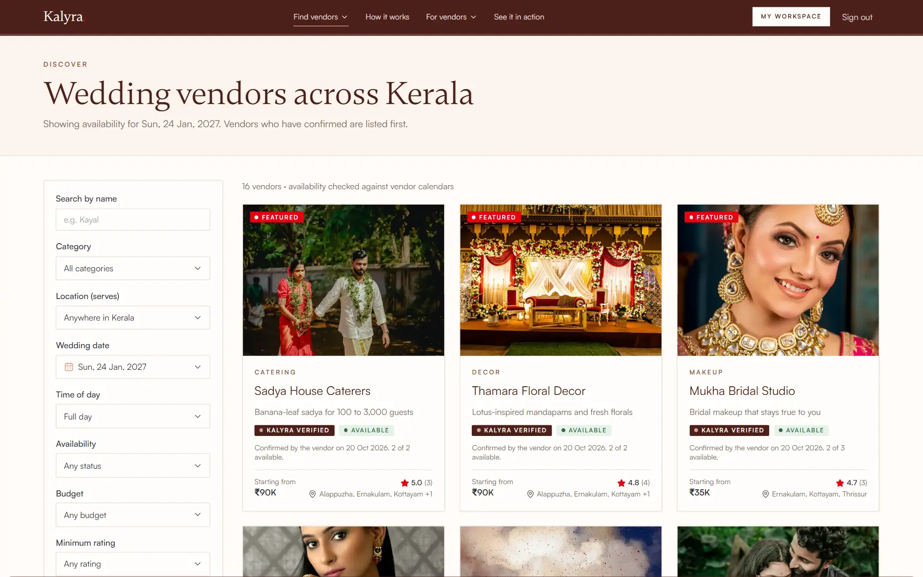 Kalyra search results for a wedding date, with vendor cards showing Kalyra Verified and Available badges and when the vendor confirmed
