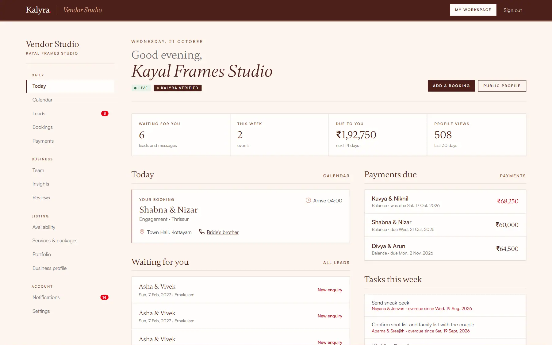 The Vendor Studio Today page for Kayal Frames Studio, with leads waiting, events this week, payments due and profile views