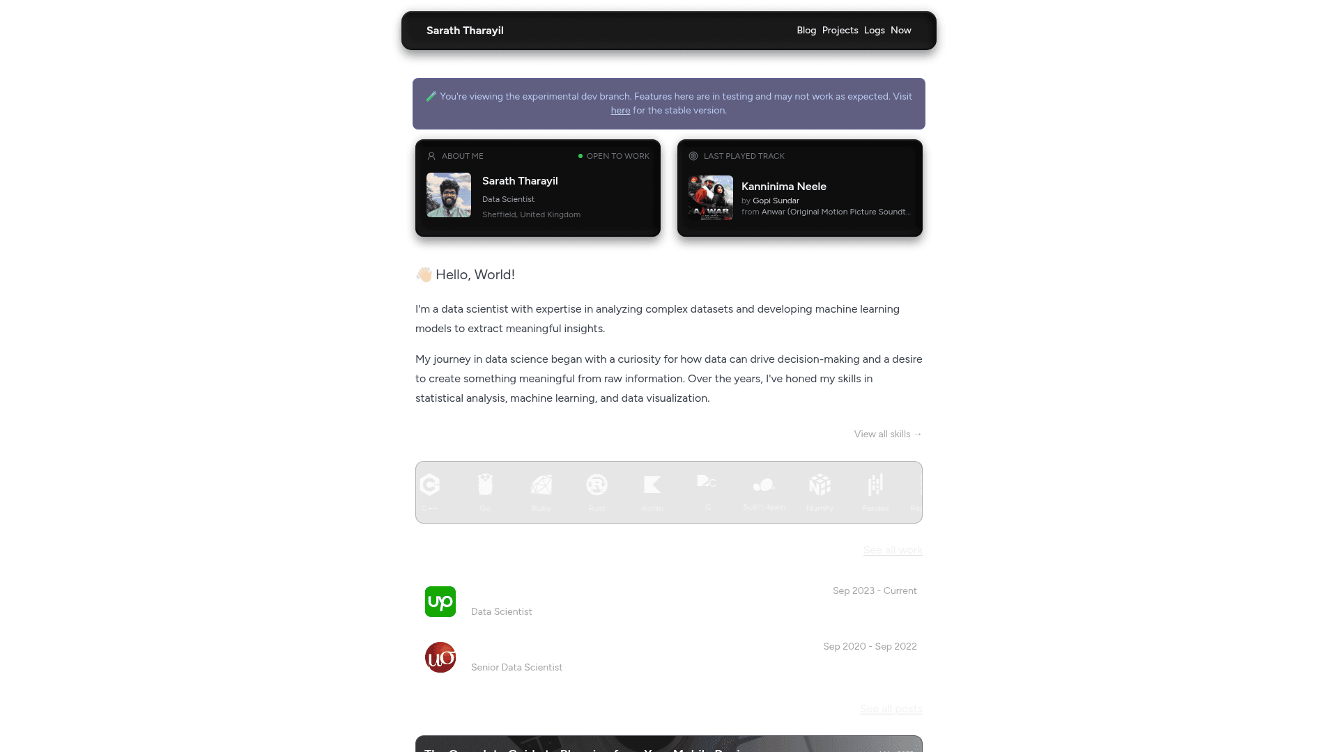 Dashboard version with Spotify, experience timeline, and bento layout