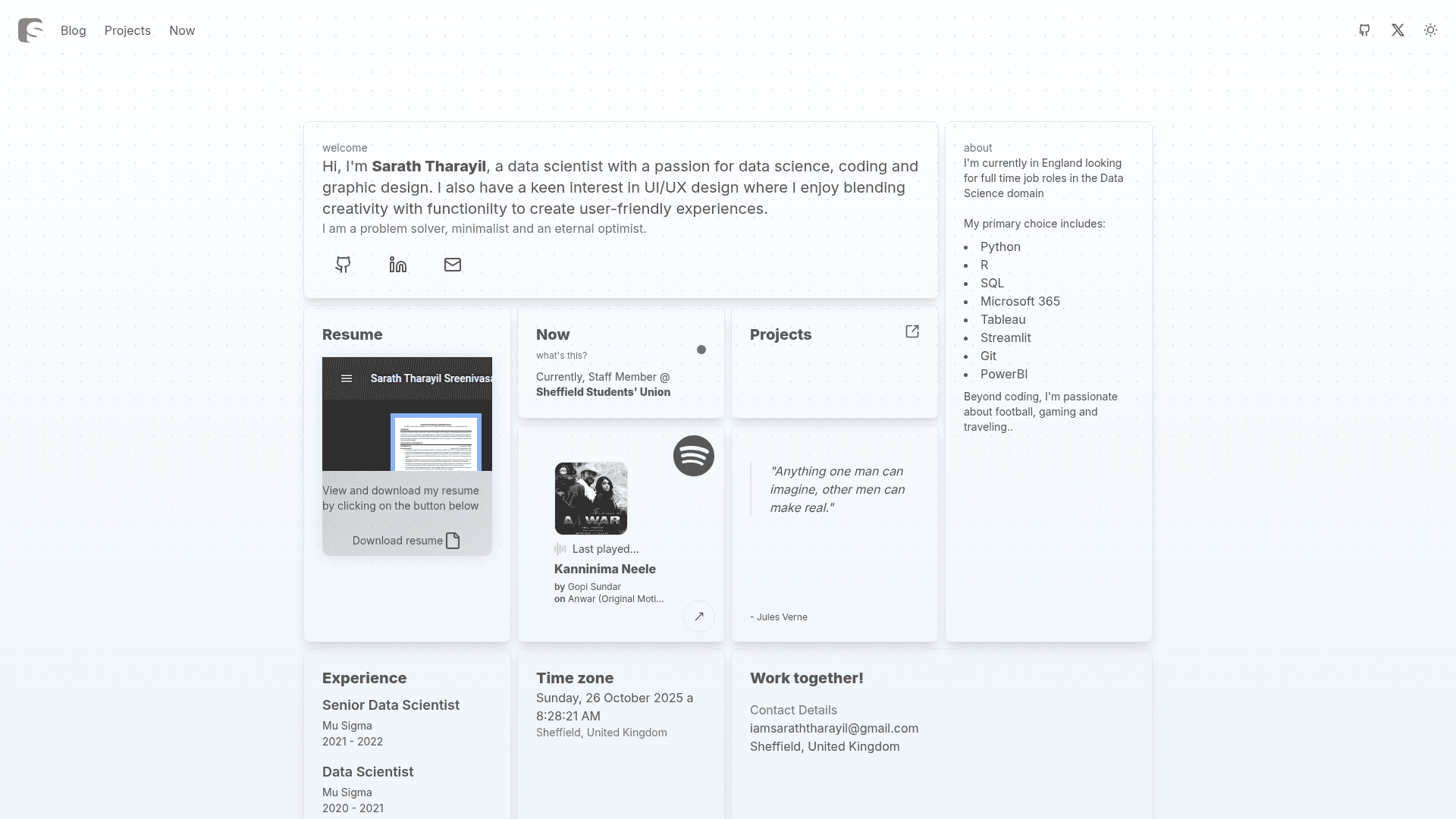 Dashboard-style version with Now, Projects, and contact sections
