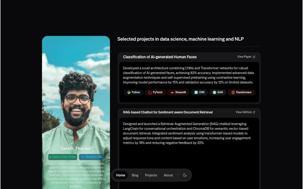 Dark portfolio template with project cards