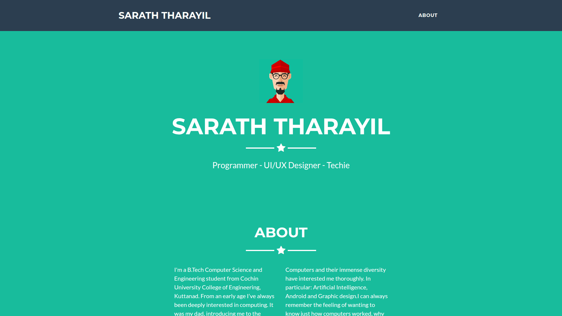 First version of the website, teal background with avatar illustration