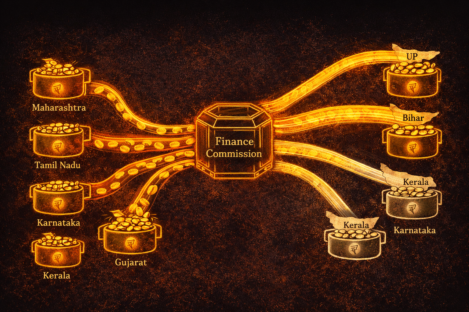 diagram showing the flow of tax money from states to center to redistributed pool