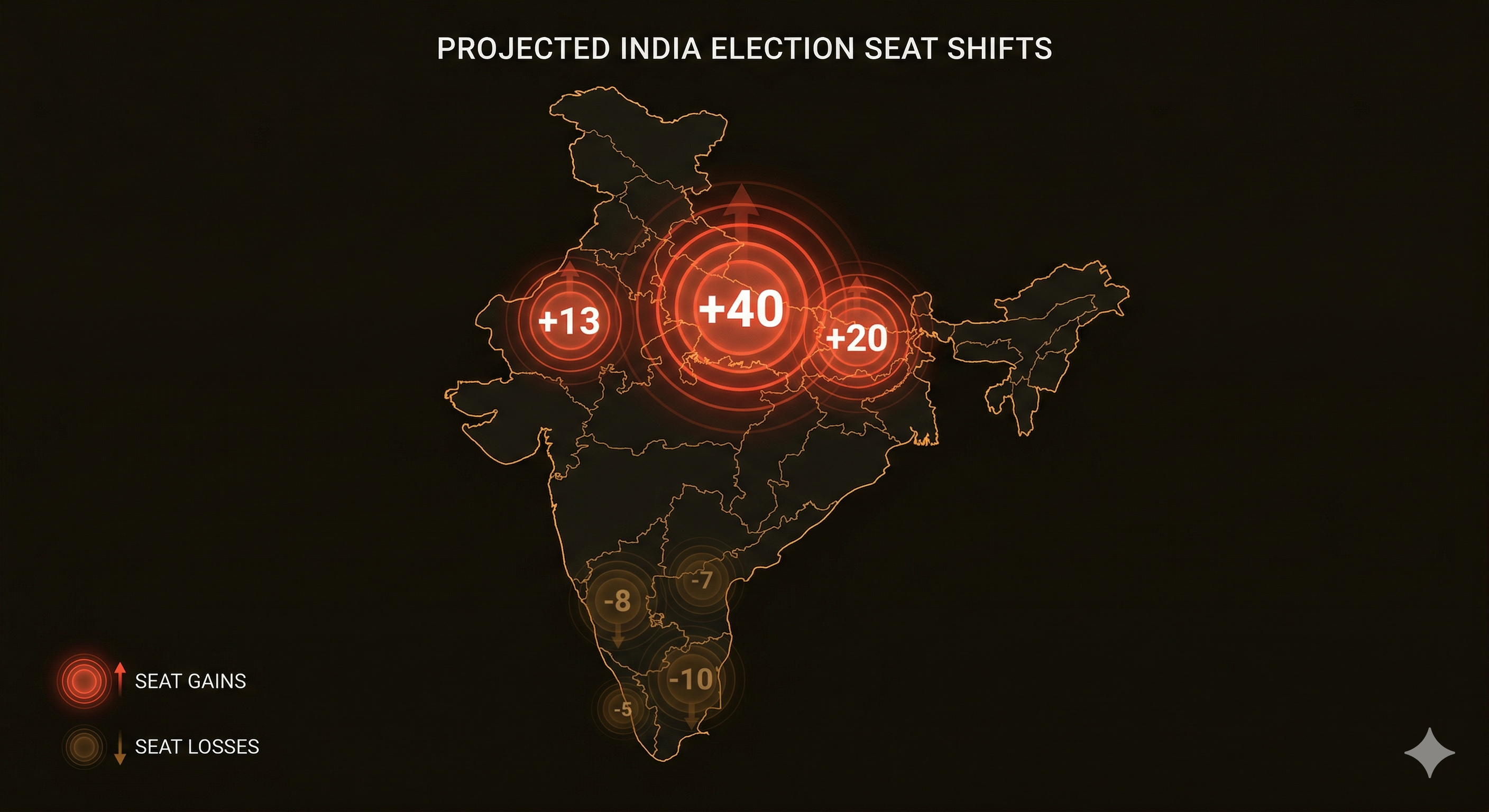 India map with states colored by seats gained vs seats lost under delimitation